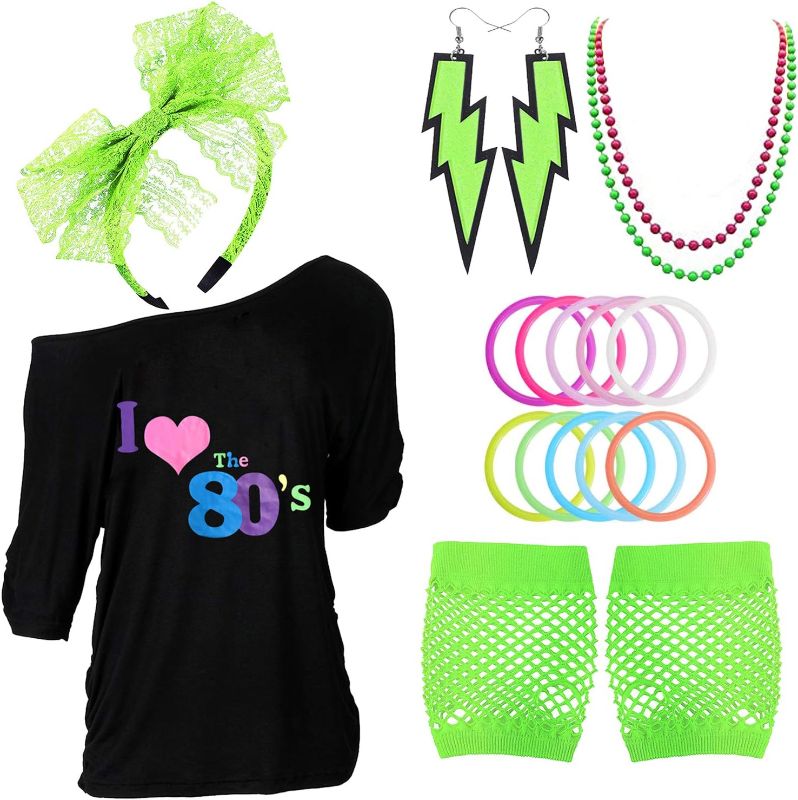 Photo 1 of Halloween 80s Outfits Costume Accessories for Women,Off Shoulder T-Shirt for 80s SMALL