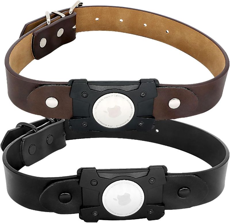 Photo 1 of Airtag Dog Collar Airtag Holder with Air tag Holder Artificial Leather Material Metal Buckle Dog Collars Ideal Mount for AirTag (2 Pack Black Brown, Large)