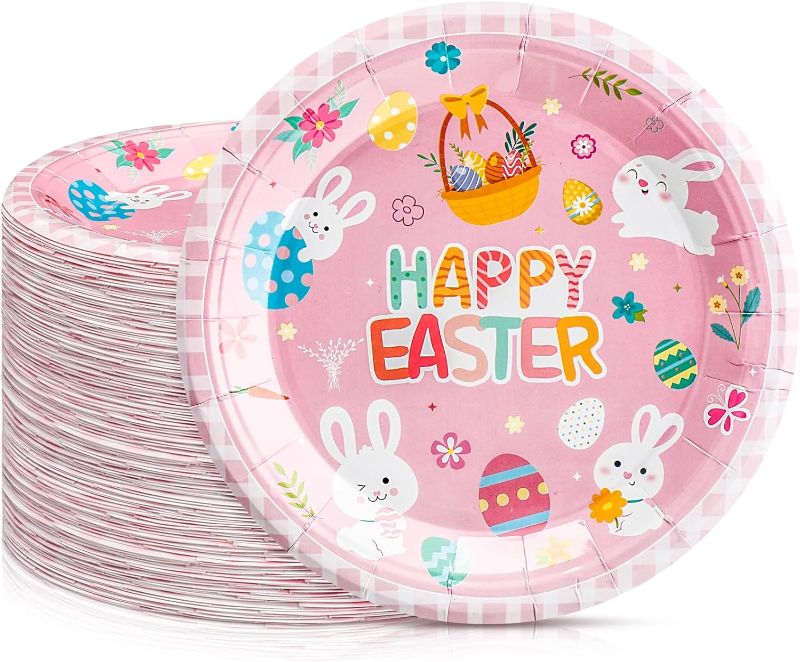 Photo 1 of 100 Pcs Easter Paper Plates 7'' Happy Easter Round Disposable Plates Bulk Cute Easter Egg Bunny He is Risen Holiday Dessert Plates for Easter Birthday Holiday Party Supplies (Warm Style)
