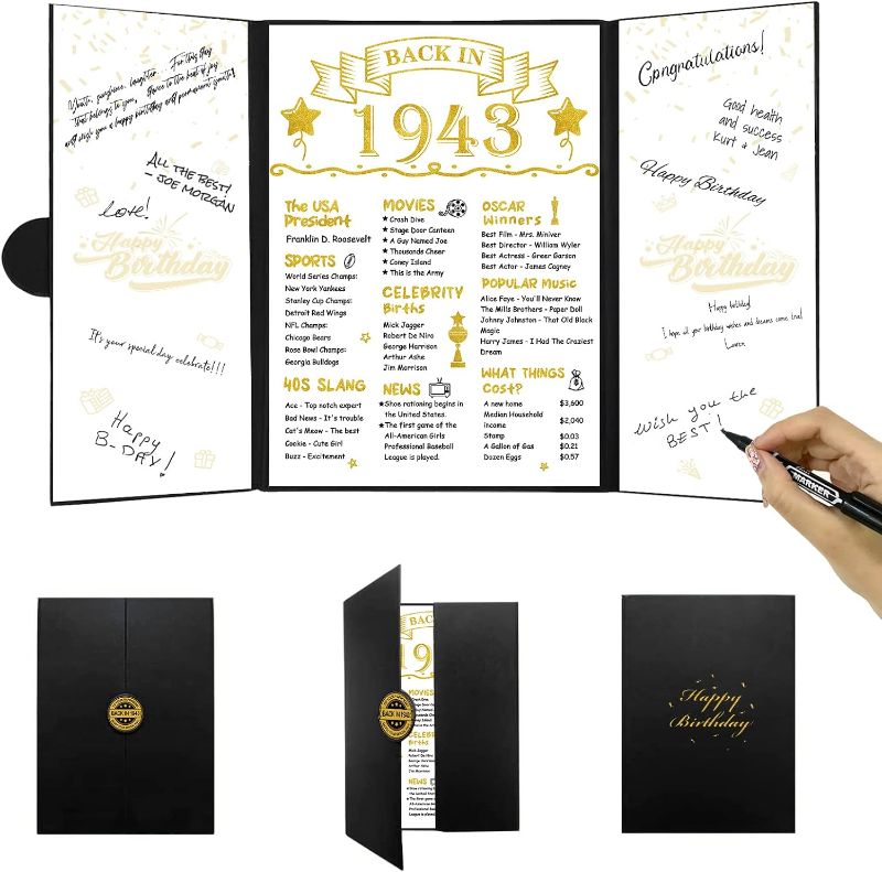 Photo 1 of DARUNAXY Black Gold 81st Birthday Alternative Signature Card Back in 1943 Sign Certificate Cheer to 81 Year Board Table Party Decorations for Men Women Vintage 1943 Signature Guest Book Party Supplies 