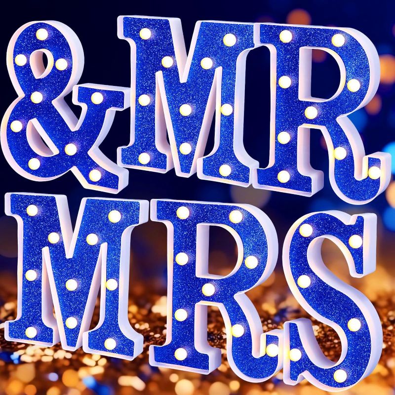 Photo 1 of VIHOSE 6 Pcs Glitter MR & MRS Light Up Letters Glitter Shiny Letter Lights Mr and Mrs Sign Wedding Party Decor Battery Operated Wedding Table Wall Decor Shiny Alphabet Sign Gifts(Blue) 