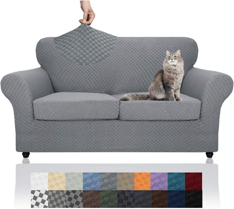 Photo 1 of YEMYHOM Latest Checkered 3 Pieces Couch Covers for 2 Cushion Couch High Stretch Thickened Love Seat Sofa Cover for Dogs Pets Elastic Loveseat Slipcover Protector (Light Gray), 55"-69"(2 Cushions)
