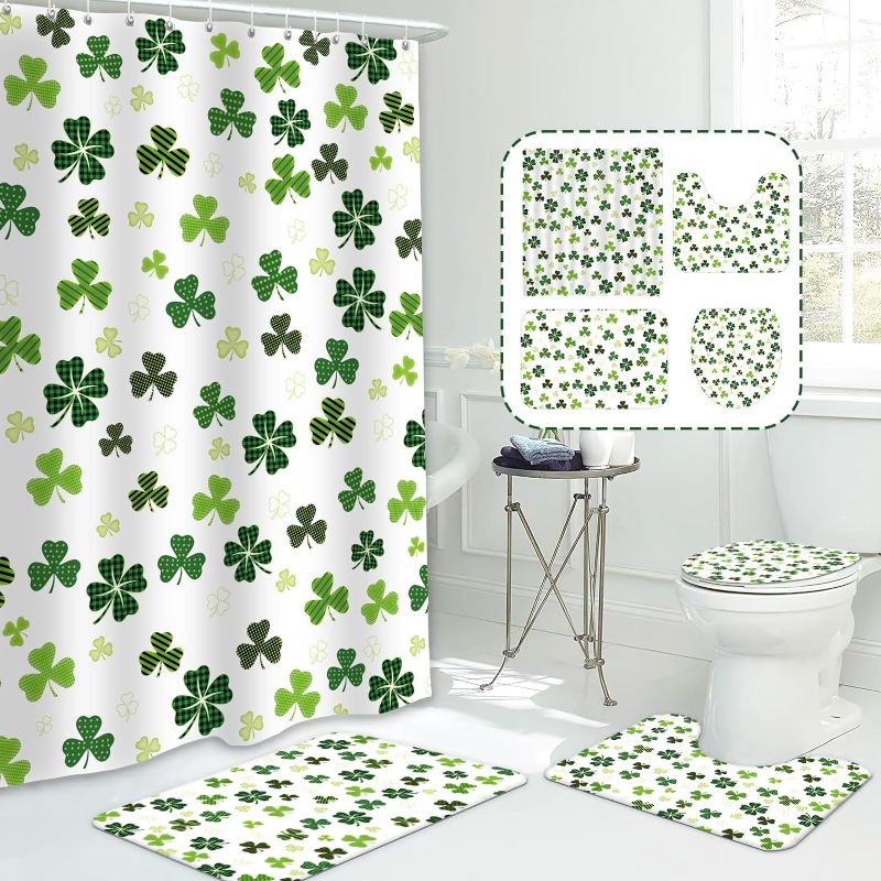Photo 1 of MEHOFOND 4pcs St. Patrick's Day Shower Curtain Set with Non-Slip Rugs Toilet Lid Cover and Bath Mat Shamrock Bathroom Shower Curtain Set Irish Lucky Clover White and Green Set for Bathroom Decor