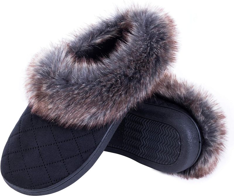 Photo 1 of DL Memory Foam Winter House Slippers for Women With Fur Collar, Cozy Womens Soft Warm Closed Indoor Slippers Non-Slip, Comfy Woman Houseshoes Home Slipper Black Grey Burgundy Navy 7-8 
