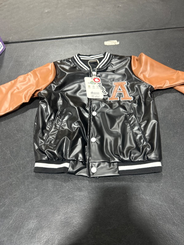 Photo 1 of BROWN AND BLACK FAUX LEATHER LETTERMAN JACKET FOR BOYS 4-5Y