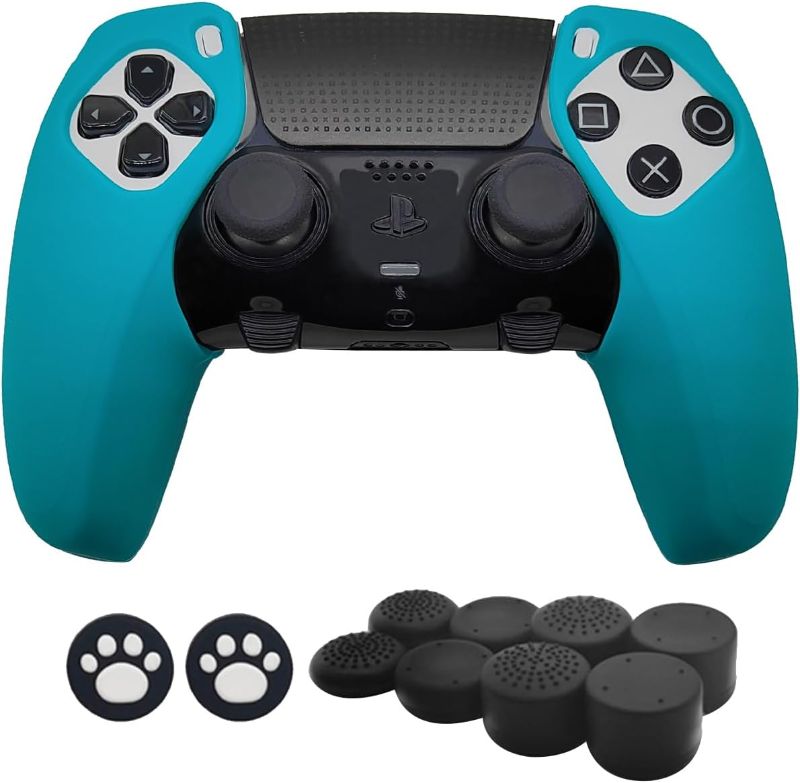 Photo 1 of MOJOXR Controller Silicone Cover and Stick Caps Compatible with PS5 Edge Controller and PS5 Controller, Anti-Slip Protector Skin and 10 Thumb Grip Caps Accessories for PlayStation5 Controller(Cyan)