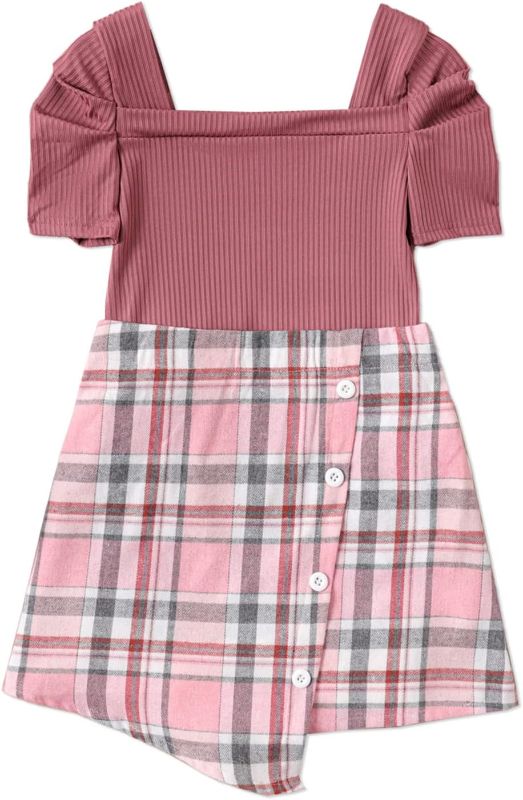 Photo 1 of PATPAT Kid Girls 2 Piece Outfits Solid Flutter Long-sleeve Top and Button Down Houndstooth Skirt Set White Brown Plaid 9-10 YEARS
