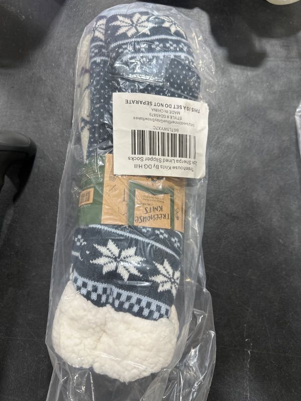 Photo 2 of DG Hill Sock Slippers for Women - 2 Pack Non Slip Socks - Fuzzy Socks Warm Socks with Grippers Sherpa Fleece Lined Thermal Medium Blue, Gray Snowflakes