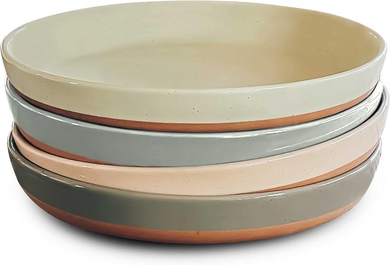 Photo 1 of Mora Ceramic Flat Pasta Bowl Set of 4-35oz, Microwave Safe Plate with High Edge for Kitchen and Eating, Large Wide Bowls/Plates for Serving Dinner, Salad, etc- Neutrals
