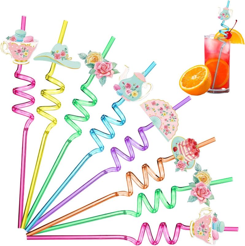 Photo 1 of Uiifan 24 Pcs Tea Party Themed Spring Spiral Drinking Straws Silly Crazy Straws for Kids Reusable Twisty Straws Assorted Curly Straws with 2 Cleaning Brushes for Party Decoration Supplies Birthday 