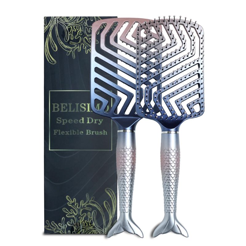 Photo 1 of 2 PACK BELISIMO Unique Design Wide Wet Detangling Speed Dry Hair Brush- Vented Design & Ultra Soft Bristles with Fishtail Ergonomic Handle Manages Tangle and Uncontrollable Hair. Pain-Free Blue Standard
