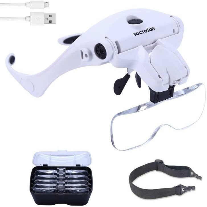 Photo 1 of YOCTOSUN LED Head Magnifier, Rechargeable Hands Free Headband Magnifying Glasses with 2 Led, Professional Jeweler's Loupe Light Bracket and Headband are Interchangeable
