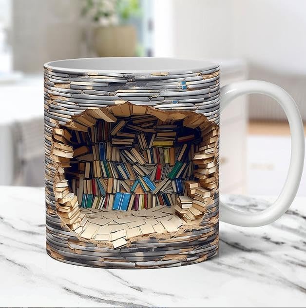 Photo 1 of 3D Bookshelf Mug - A Library Shelf Cup, Library Bookshelf Mug, Book Lovers Coffee Mug, Creative Space Design Multi-Purpose Ceramic Mug, Cool Gifts for Readers Bookish 3D White Mug (B)
