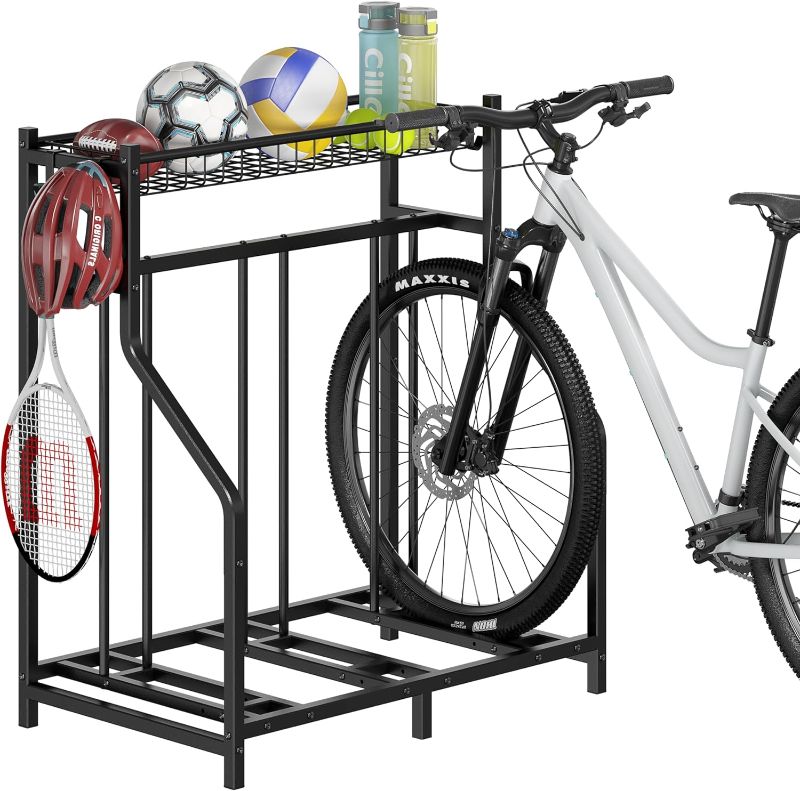 Photo 1 of Gadroad 3 Bike Rack Garage with Storage Basket, Bike Stand Floor, Garage Organizer Bike Parking Rack, Metal Floor Bicycle Rack Station for Mountain/Kids Bike, Black
