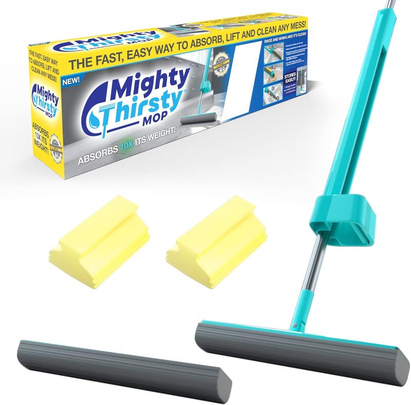 Photo 1 of Mighty Thirsty Mop - Household Essentials Made of Revolutionary Polymer Compound, Easy-to-Clean, Easy-to-Store & Super Absorbent Self Wringing Mop with Reusable Washable Pads with Mop Head Replacement