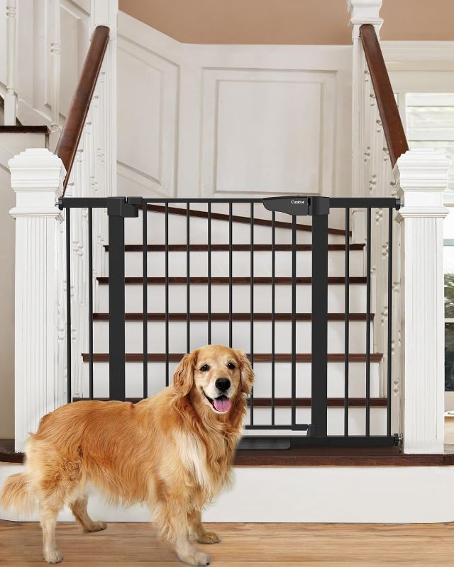 Photo 1 of Cumbor 29.7-46" Baby Gate for Stairs, Mom's Choice Awards Winner-Auto Close Dog Gate for the House, Easy Install Pressure Mounted Pet Gates for Doorways, Easy Walk Thru Wide Safety Gate for Dog, Black
