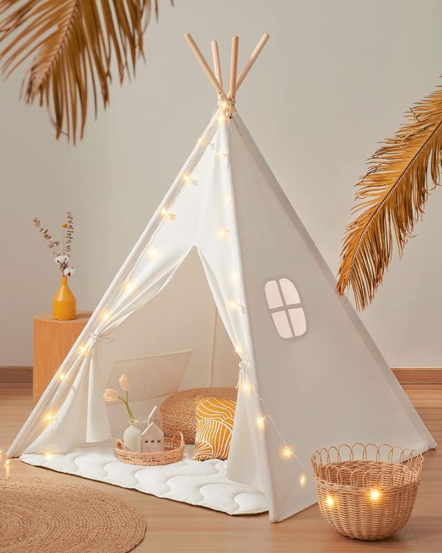 Photo 1 of Tiny Land Teepee Tent for Kids, 100% Cotton Play Tent with Padded Mat and Star Lights, Kids Teepee Tent with Carry Bag, Foldable Kids Tent for Toddlers Aged 3+, Quality Teepee Tent for Girls and Boys
