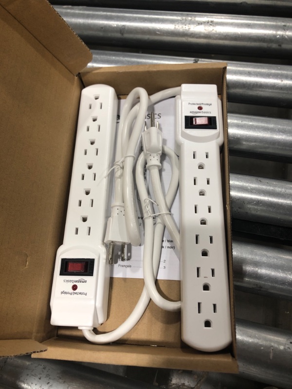 Photo 2 of Amazon Basics Rectangular 6-Outlet, 200 Joule Surge Protector Power Strip, 2 Foot, White - Pack of 2