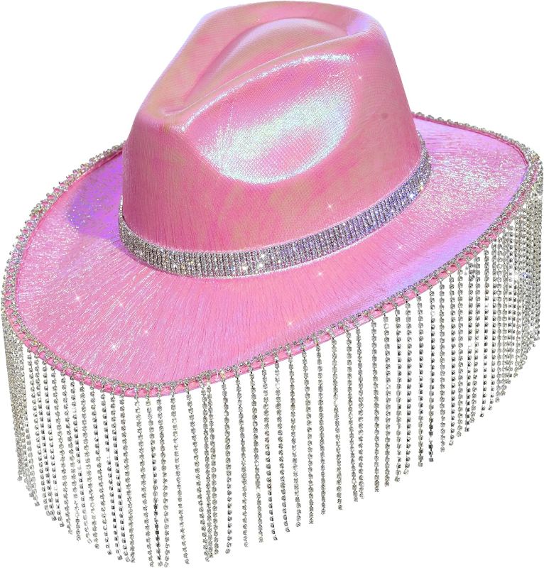 Photo 1 of Zivyes Cowgirl Hats for Women Sparkly Fringe Cowboy Hat Disco Bachelorette Halloween Barbie Costume -3pcs