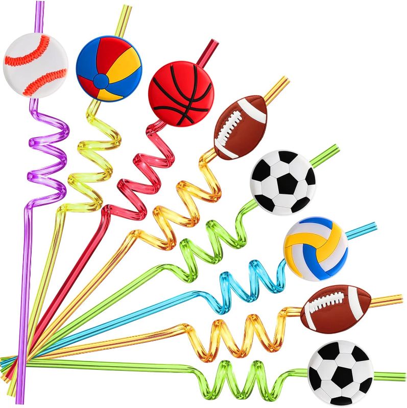 Photo 1 of 24 Game Day Sports Party Favors Basketball Football Baseball Soccer Tennis Volleyball Foam Balls Touchdown Drinking Straws Goodie Gifts for Kids Football Party Supplies with 2 PCS Cleaning Brushes
