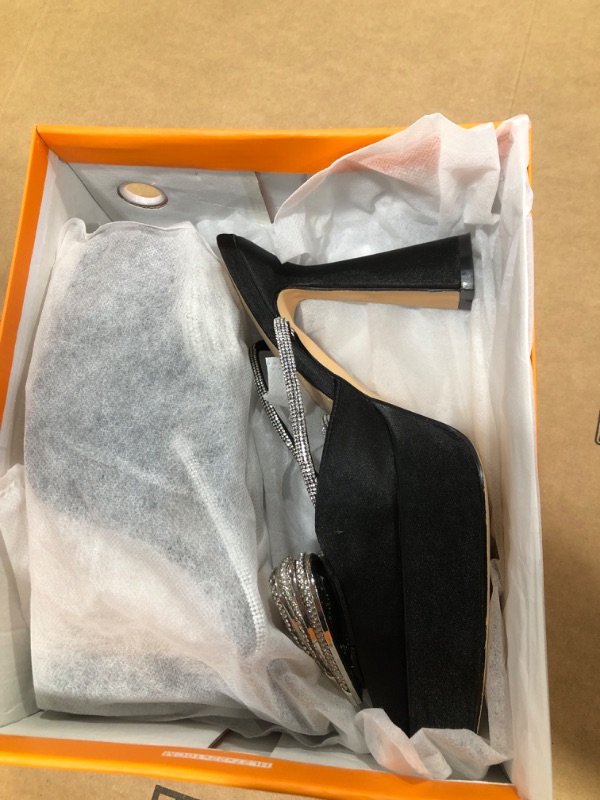 Photo 2 of Women's black heels Platform Heeled Sandals Crystal Heart Ankle Strap Pointed Toe Satin Block Heels Wedding Dress Pumps for Women