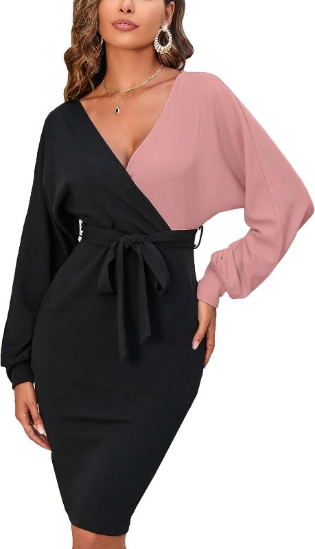 Photo 1 of VOBCTY Womens Wrap V Neck Sweater Dress Contrast Color Long Batwing Sleeve Bodycon Pencil Winter Midi Dresses with Belt
