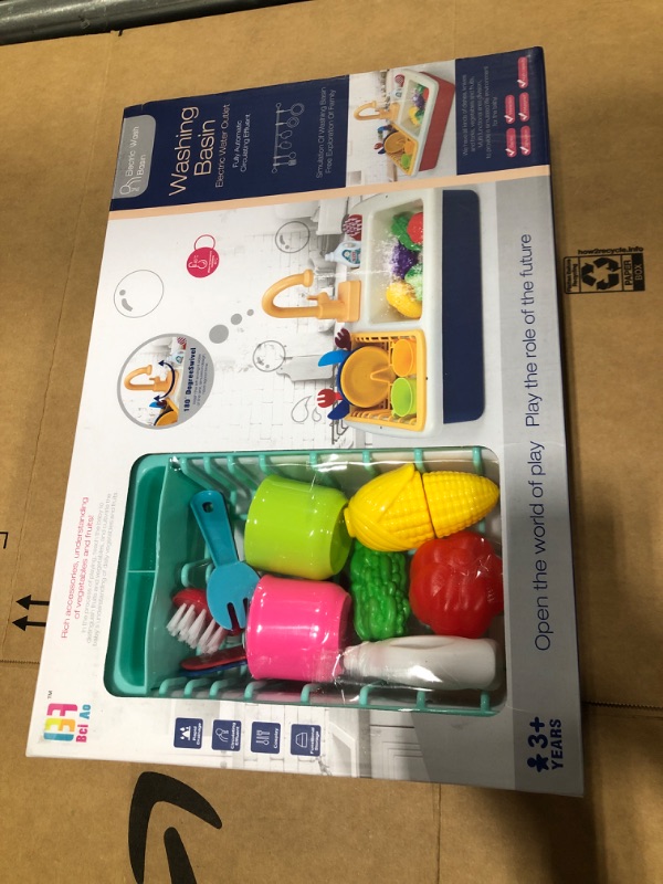 Photo 2 of Play Sink with Running Water Kids Kitchen Play Sink Toys Pretend Role Play Kitchen Sink Toys Including Pots Pans Fruit and Vegetable Cutting Game for Toddlers Girls Boys (Pink)