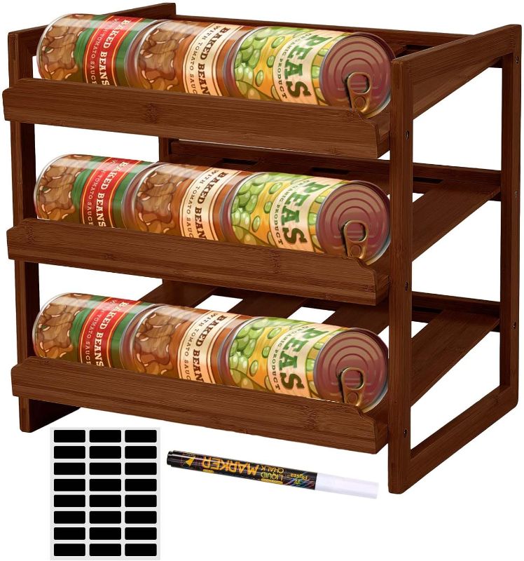 Photo 1 of Wenqik Bamboo Can Rack Organizer 3 Tier Stackable Canned Goods Storage Rack Can Dispenser for Pantry Can Holders with Label Sticker and Whiteboard Pen for Kitchen Cabinet, Holds up to 36 Cans
