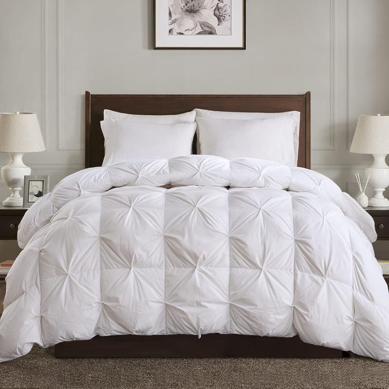 Photo 1 of APSMILE Pinch Pleat Goose Feather Down Comforter - All Season 750 Fill-Power Duvet Insert King Size Ultra-Soft Medium Warm Bed Comforter with Corner Tabs(106x90, White)
