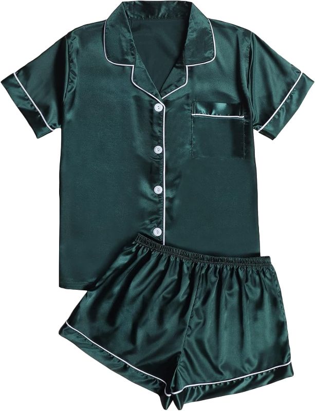 Photo 1 of DIDK Women's Sleepwear Satin Short Sleeve Button Front 2 Piece Pajama Set XL
