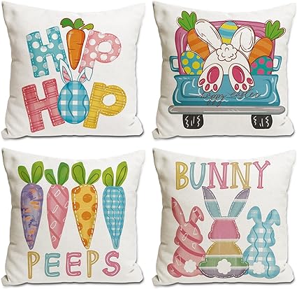 Photo 1 of BATERZO Easter Pillow Covers 18x18 Set of 4 Easter Decorations for Home Bunny Truck Peeps Hip Hop Pillows Easter Decorative Colorful Throw Pillows Spring Easter Farmhouse Decor
