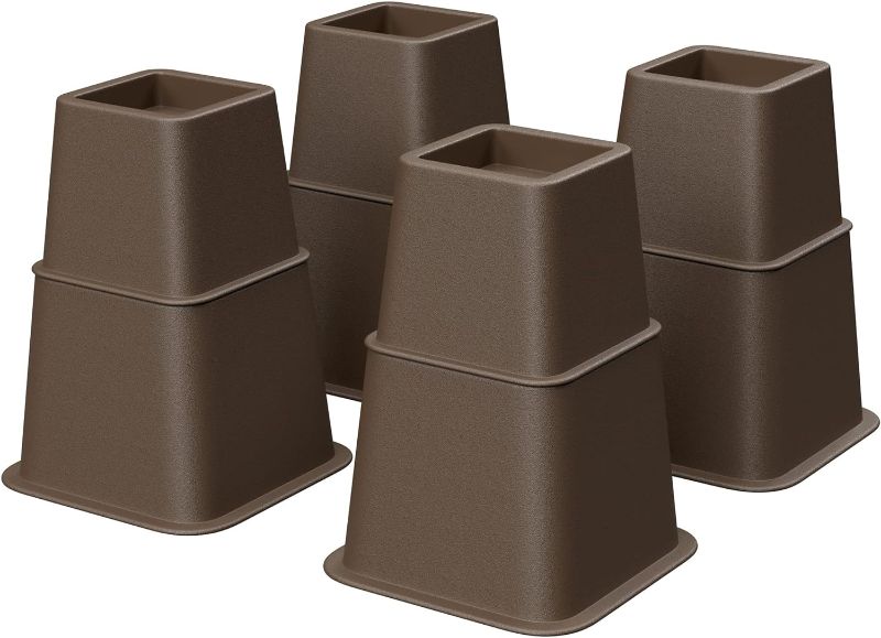 Photo 1 of SONGMICS Bed Risers, 4-Pack Furniture Risers, Heavy Duty Bed Lifts in Heights of 3, 5 or 8 Inches, Lifts up to 1300 lb, Stackable Risers for Sofa, Table Legs Extenders, Brown UCDG001K01
