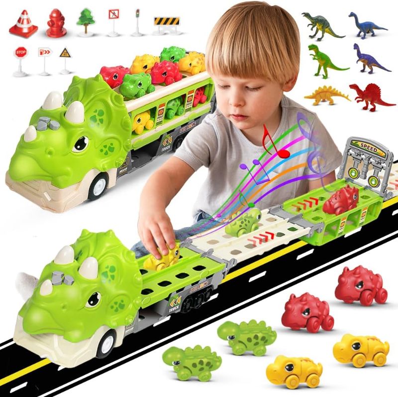 Photo 1 of Dinosaur Truck Toys for Kids 3-5 Years, Take Apart Dinosaur Truck Carrier & Dinosaur Cars Race Track Set with 4 Dinosaur Cars with Toy Drill Screwdriver, Storage Play Set Gift for Boys and Girls