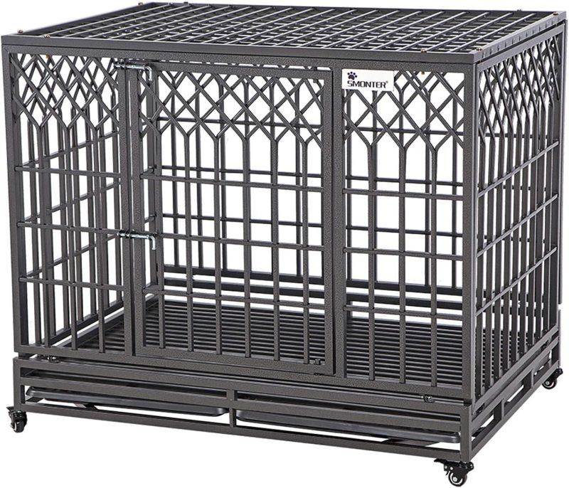 Photo 1 of SMONTER 46" Heavy Duty Dog Crate Strong Metal Pet Kennel Playpen with Two Prevent Escape Lock, Large Dogs Cage with Wheels, Y Shape, Dark Silver …
