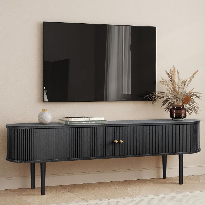 Photo 1 of WERMO 71’’ Black TV Stand with Storage and Shelves Designed to fit 65’’ - 75’’ TVs. Black Wood Entertainment Center for Living Room and Bedroom, Media Console and Modern TV Console Table (Black Oak)
