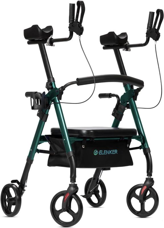 Photo 1 of ELENKER Heavy Duty Upright Rollator Walker with Extra Wide Padded Seat and Backrest, Bariatric Stand Up Rolling Walker, Fully Adjustment Frame for Seniors, Green
