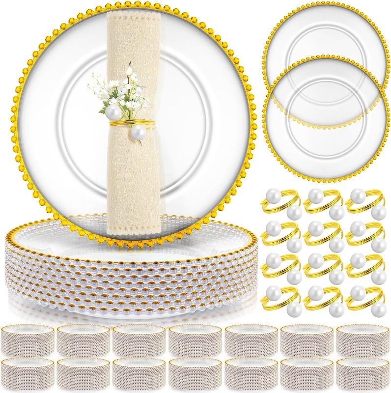 Photo 1 of Tioncy 50 Set Clear Charger Plates Bulk 50 Clear Beaded Plastic Charger Plates 13 Inch, 50 Napkin Rings, Acrylic Round Dinner Charger Table Decorative Plate for Wedding Party Event (Clear and Gold)
