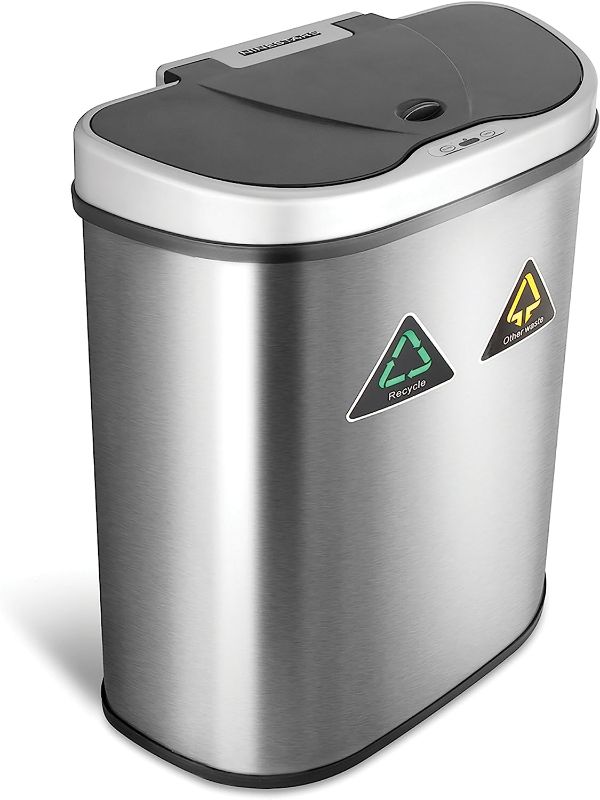 Photo 1 of NINESTARS Automatic Touchless Infrared Motion Sensor Trash Can/Recycler with D Shape Silver/Black Lid & Stainless Base, 18 Gal, Stainless Steel
