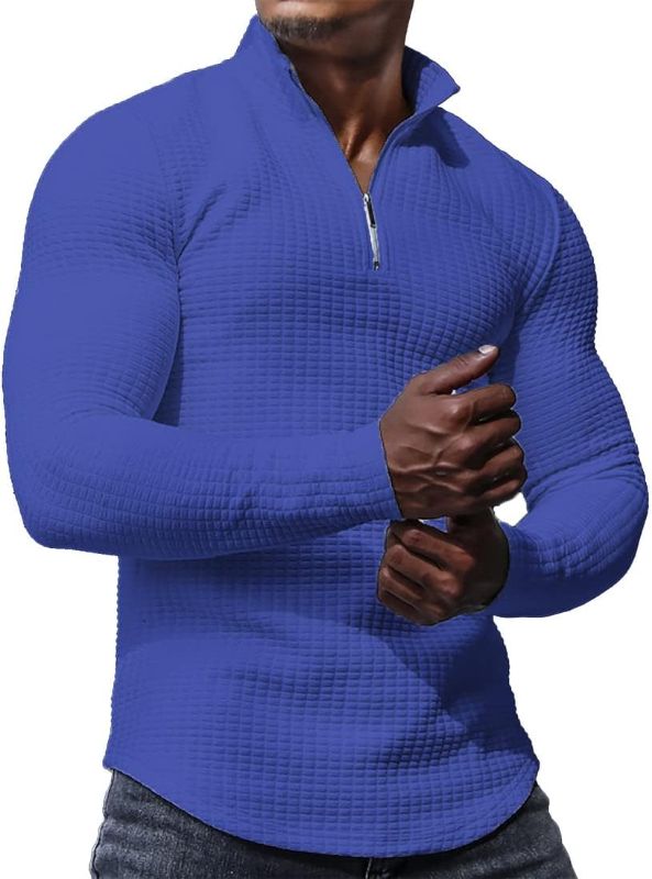 Photo 1 of Men's Solid Color Sweatshirts Long Sleeve Stand Collar Soft Shirts Quarter Zip Waffle Pullover Men XLARGE
