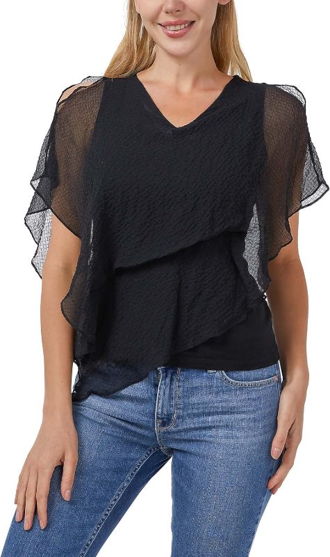 Photo 1 of Womens V-Neck Summer Casual Batwing Sleeve Blouse Slim Fit Dolman Sleeve Tops Black Mesh Irregular Texture Shirt(Black01,L)