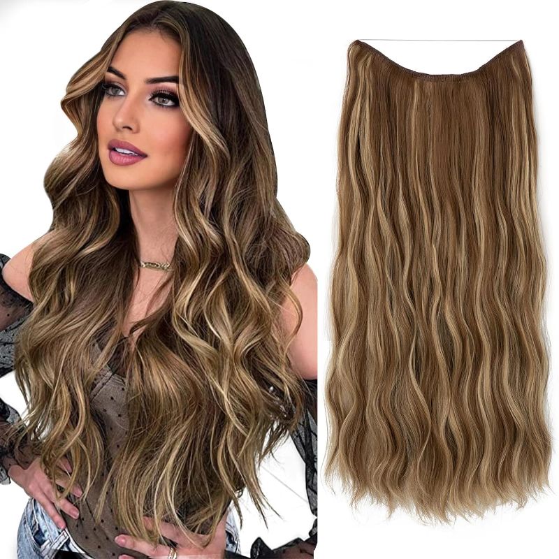 Photo 1 of SARLA Light Brown Invisible Wire Hair Extension with Clips Synthetic Long 24 Inch Beach Wave Clip in Hairpiece for Women Size Adjustable