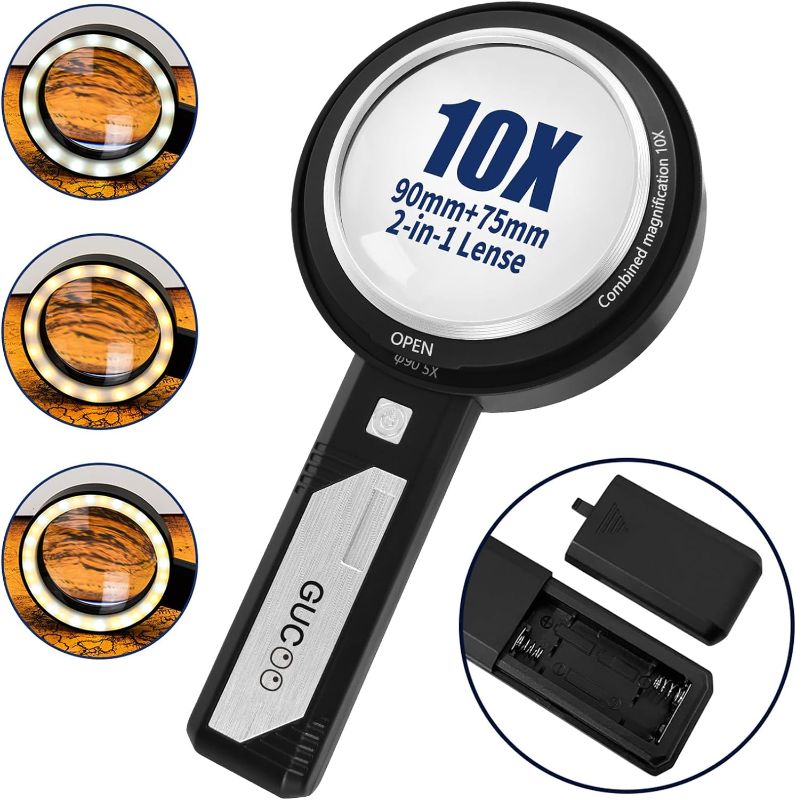 Photo 1 of Magnifying Glass with Light for Close Work 5X 10X Handheld Lighted Magnifier for Reading Jeweler Senior 32 Led Illuminated Small Portable Hand Held Magnifying Lens for Jewelry Coins Black
