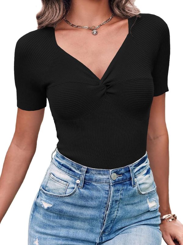 Photo 1 of ARTFREE Womens Short Sleeve Tops V Neck Going Out Casual Summer Cute Knit Slimming Twist Front Pullover Sweaters Shirts Black
