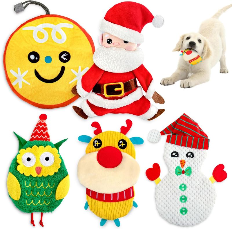 Photo 1 of Christmas Dog Toys for Aggressive Chewers, 5 Pack Dog Toys No Stuffing Crinkle Dog Toys, Durable Plush Dog Squeaky Toys for Large Breed, Cute Christmas Puppy Chew Toys for Teething Dog Toys Gift
