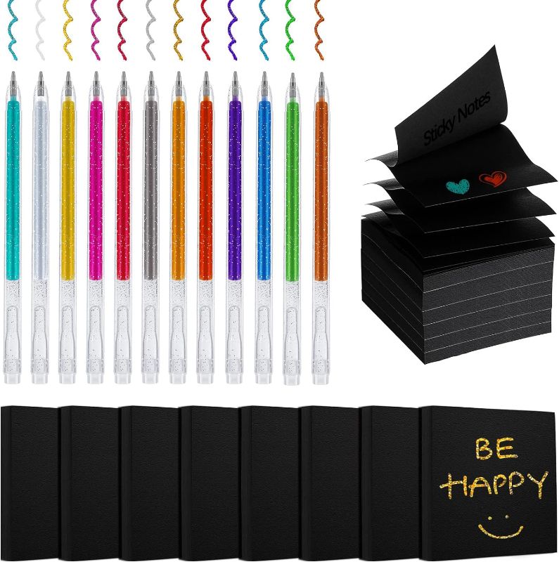 Photo 1 of 20 Pack Black Pop Up Sticky Notes and Color Pens for Black Sticky Notes 8 Pack 3 x 3 Inches Black Sticky Note Set 12 Pack Colored Pen for Office Supplies Students Children Gift
