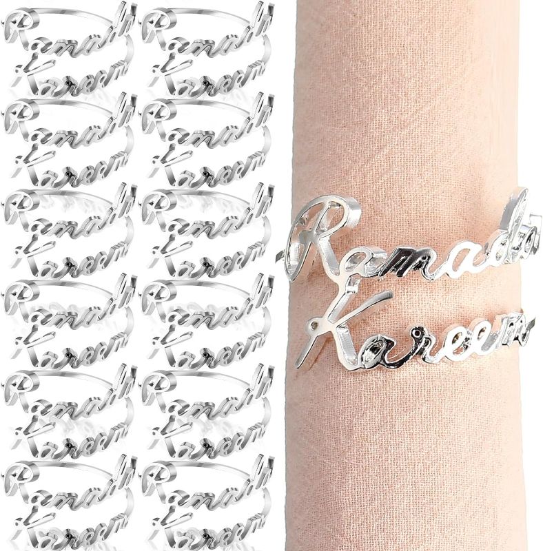 Photo 1 of 12 Set Eid Napkin Rings Ramadan Kareem Letter Metal Napkin Holder Ramadan Napkin Rings Alphabet Napkin Buckles Muslim Table Decor for Eid Ramadan Party Islamic Holiday Wedding (Silver)
