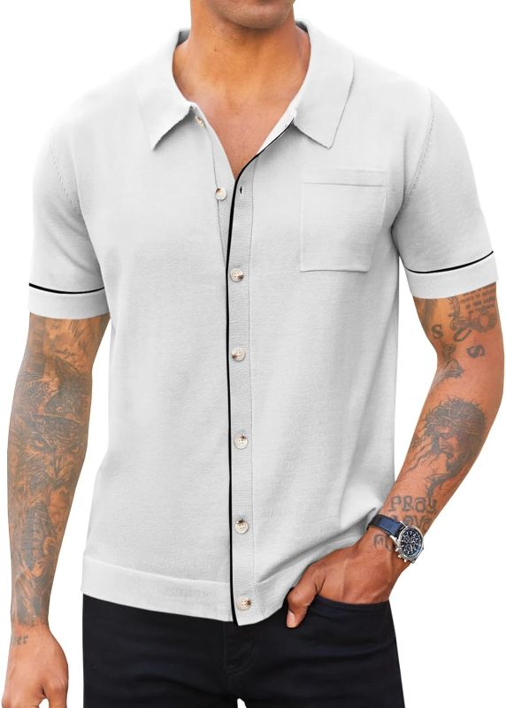 Photo 1 of Runcati Mens Knit Short Sleeve Shirts Casual Button Down Polo Shirt Vintage Golf Tops LARGE
