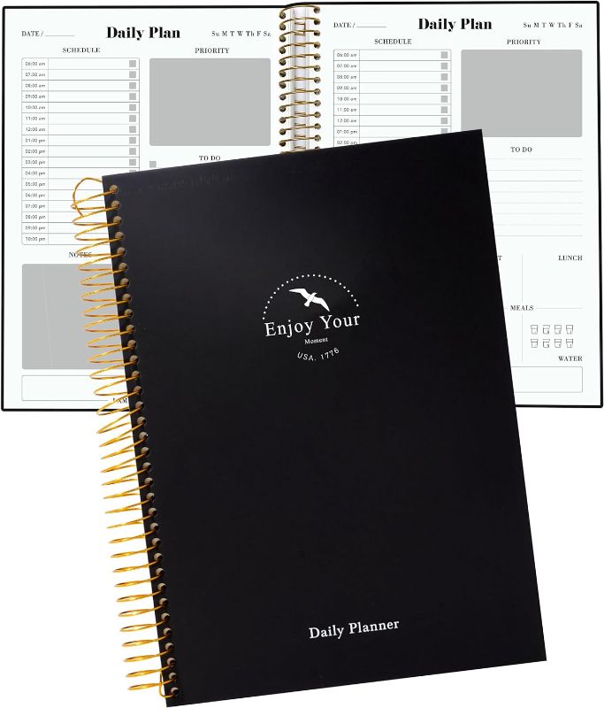 Photo 1 of Undated Daily Planner, To Do List Planner Notebook, Large Planner with Hourly Schedules 210 Pages Spiral Planner for School and Work, 8.5" X 11" Black
