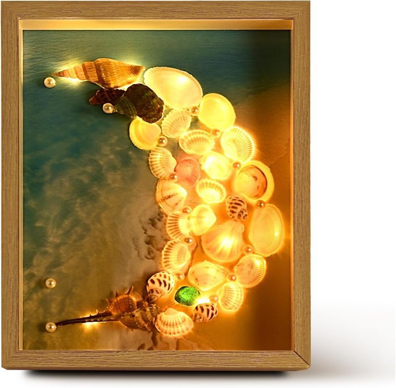 Photo 1 of 8x10 Shadow Box Frame Display Case with Sea Shells, Seashells Painting Picture Frames with 30 LED String Lights, Creative Moon or Heart Shapes Frame for Home Living Room Wall and Tabletop (Wood, 8x10)
