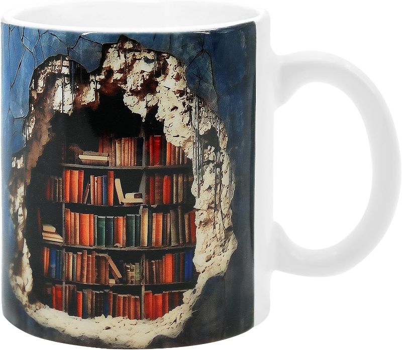 Photo 1 of 3D Bookshelf-Mug, 3D Bookshelf Coffee Mug, 3D Bookshelves Hole In A Wall Mug, Creative Space Design Multi-Purpose Ceramic Mugs, A Library Shelf Cup, Book Lovers Coffee Mug, A Gift for Readers (A)
